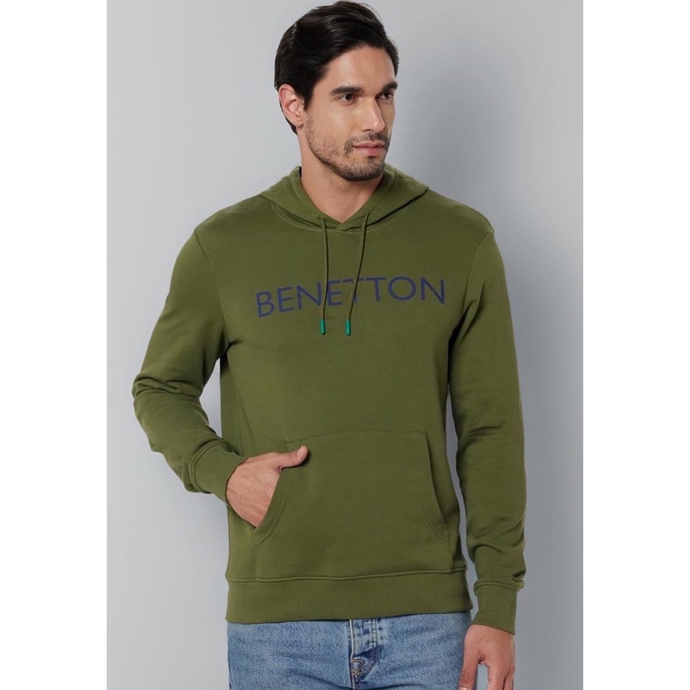 United Colors of Benetton Mens Olive Green Logo Pullover Hoodie Sweatshirt
